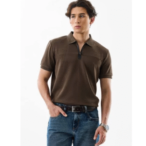 Slim Fit Stretch Brown Zipper Polo T-Shirt