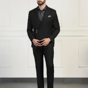 Three Piece Black Textured Formal Suit