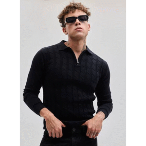 Black Zipper Knitted Polo T-Shirt