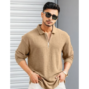 Typographic Oversized Fit Polo T-Shirt with Half-Zip Closure